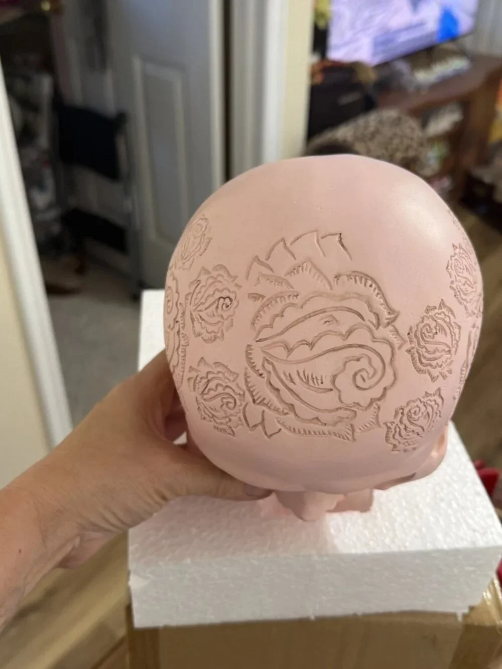 Ghoulish Decorative Pink Skull With Etched Floral Design - NIB